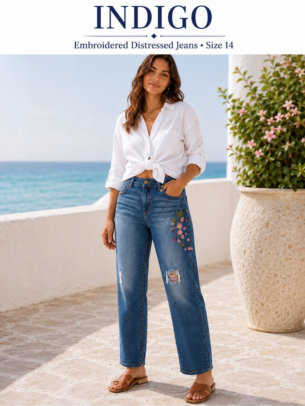 Floral Embroidered Distressed Boyfriend Jeans Size 14 Relaxed Fit Denim Pants